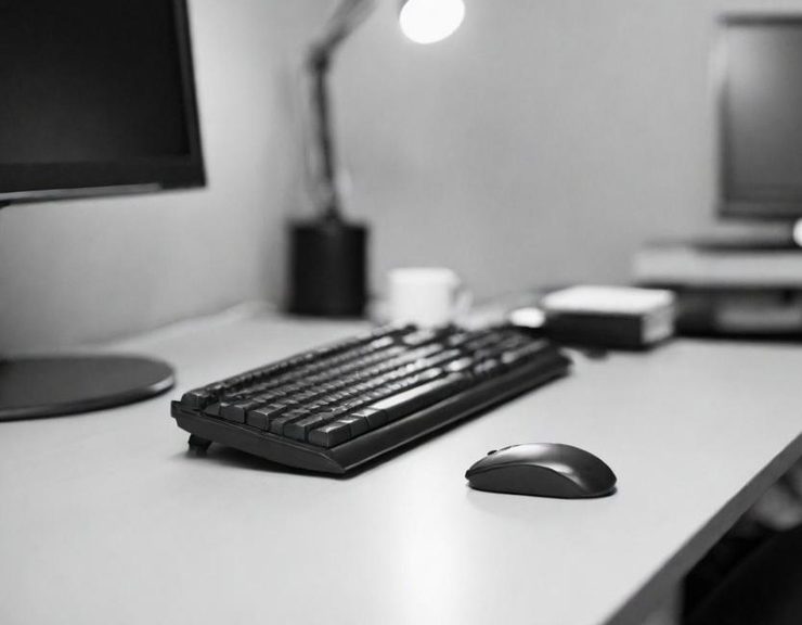 Schreibtisch mit einem Monitor, Tastatur, Maus und einer Lampe im Hintergrund.