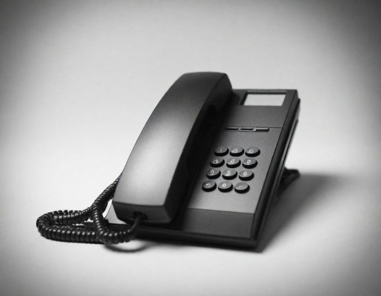 Schwarzes Festnetztelefon mit Ziffernblock und Kabel.