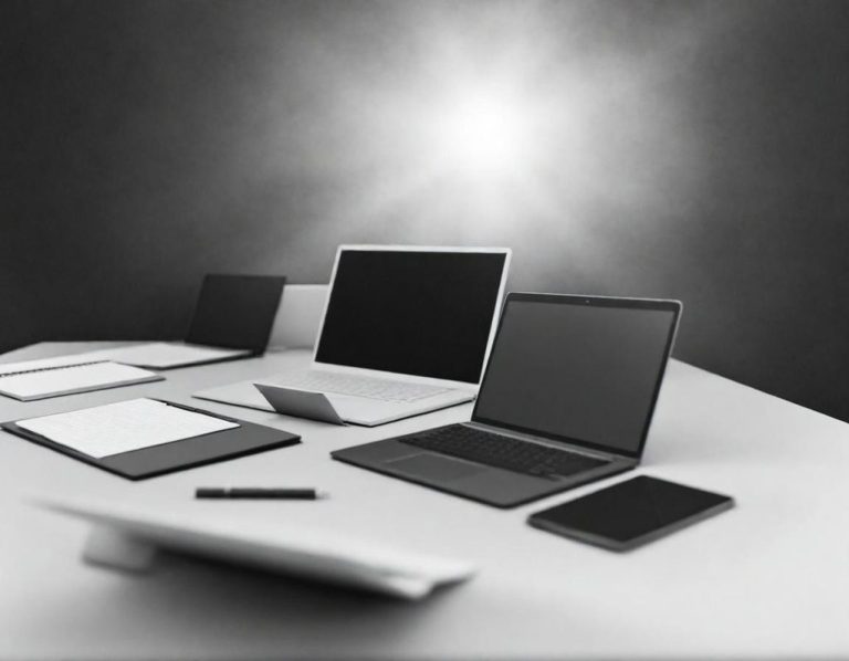 Schreibtisch mit mehreren Laptops, Tablets und einem Smartphone in monochromatischen Tönen.