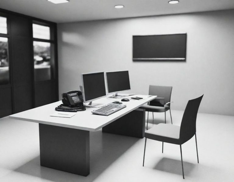 Modernes Büro mit Schreibtisch, zwei Bildschirmen, Telefon und einem Stuhl.