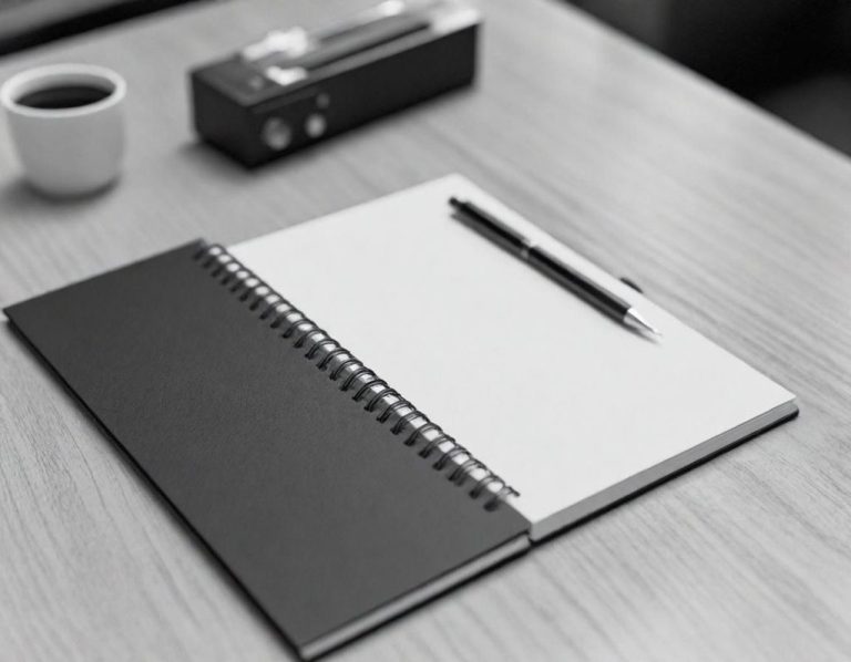 Schwarzes Notizbuch mit leerem Blatt und Stift auf einem Holztisch, neben einer Tasse Kaffee.